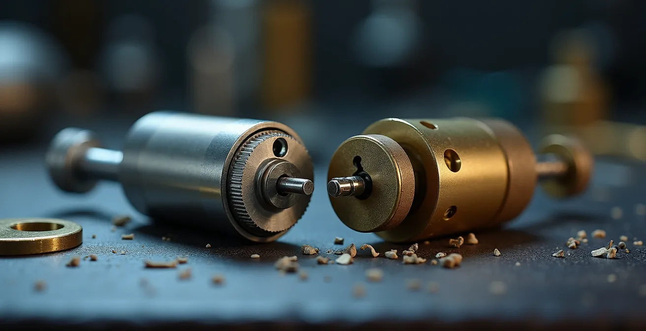 Comparaison visuelle entre serrures certifiées A2P et pièces standard sur établi de serrurier