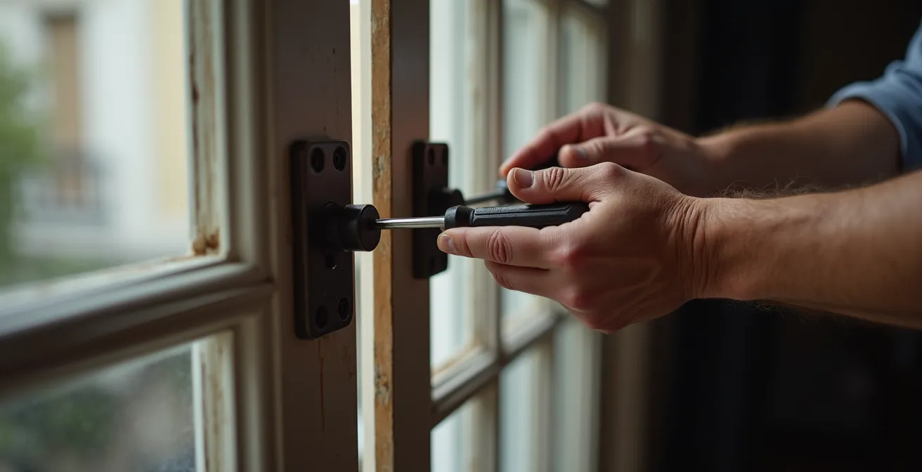 Installation de cornières anti-pinces métalliques sur l'encadrement d'une porte pour protection latérale renforcée