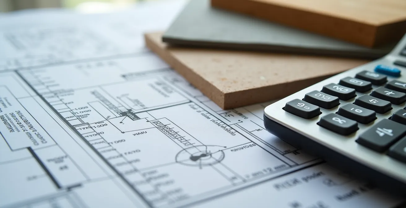 Vue macro détaillée de plans techniques avec calculatrice et échantillons de matériaux de construction
