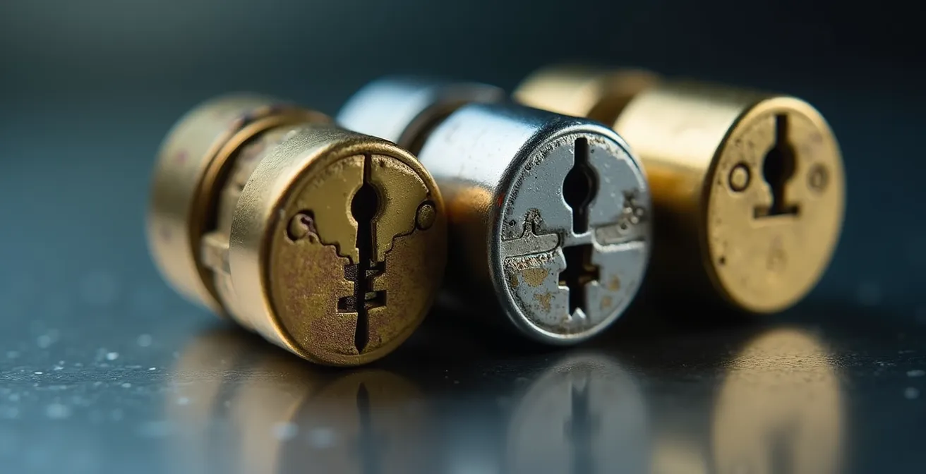 Gros plan macro sur trois cylindres de serrure de différentes qualités avec leurs certifications visibles