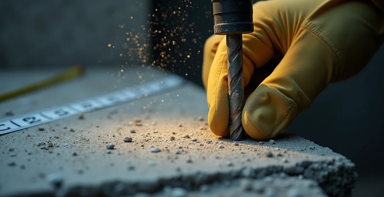 Mesure professionnelle de l'épaisseur d'un mur porteur avec perceuse et mètre