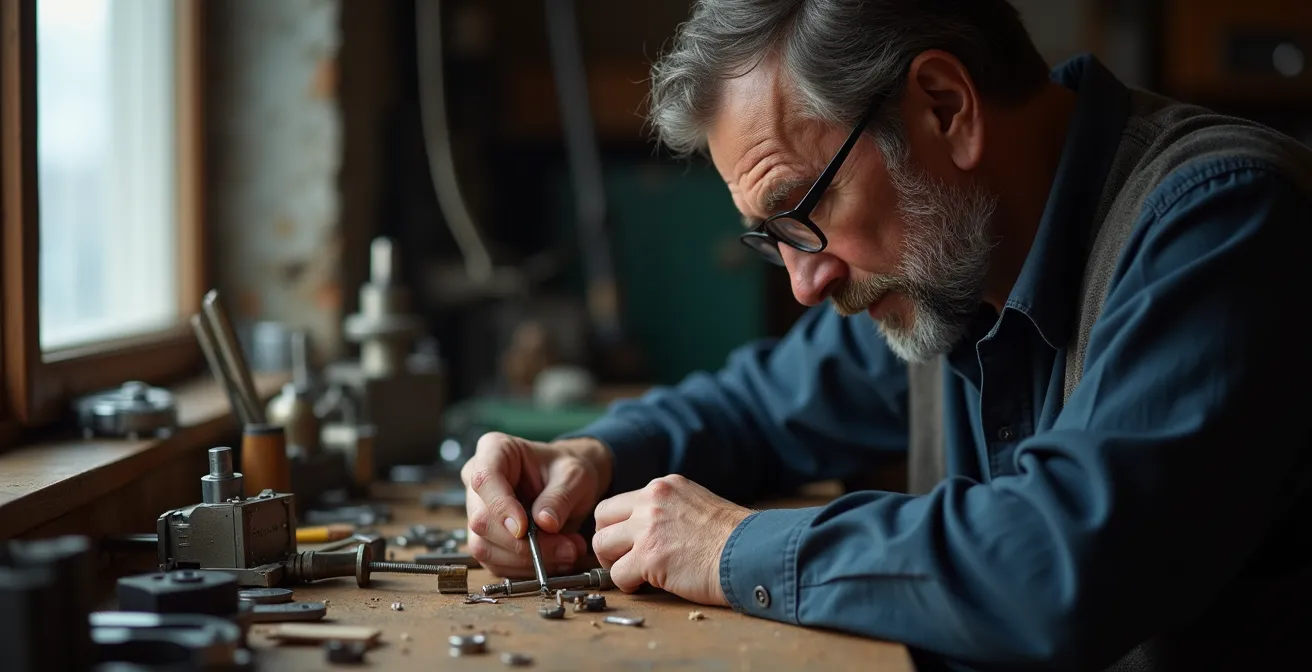 Portrait d'un artisan examinant attentivement une serrure démontée avec outils professionnels