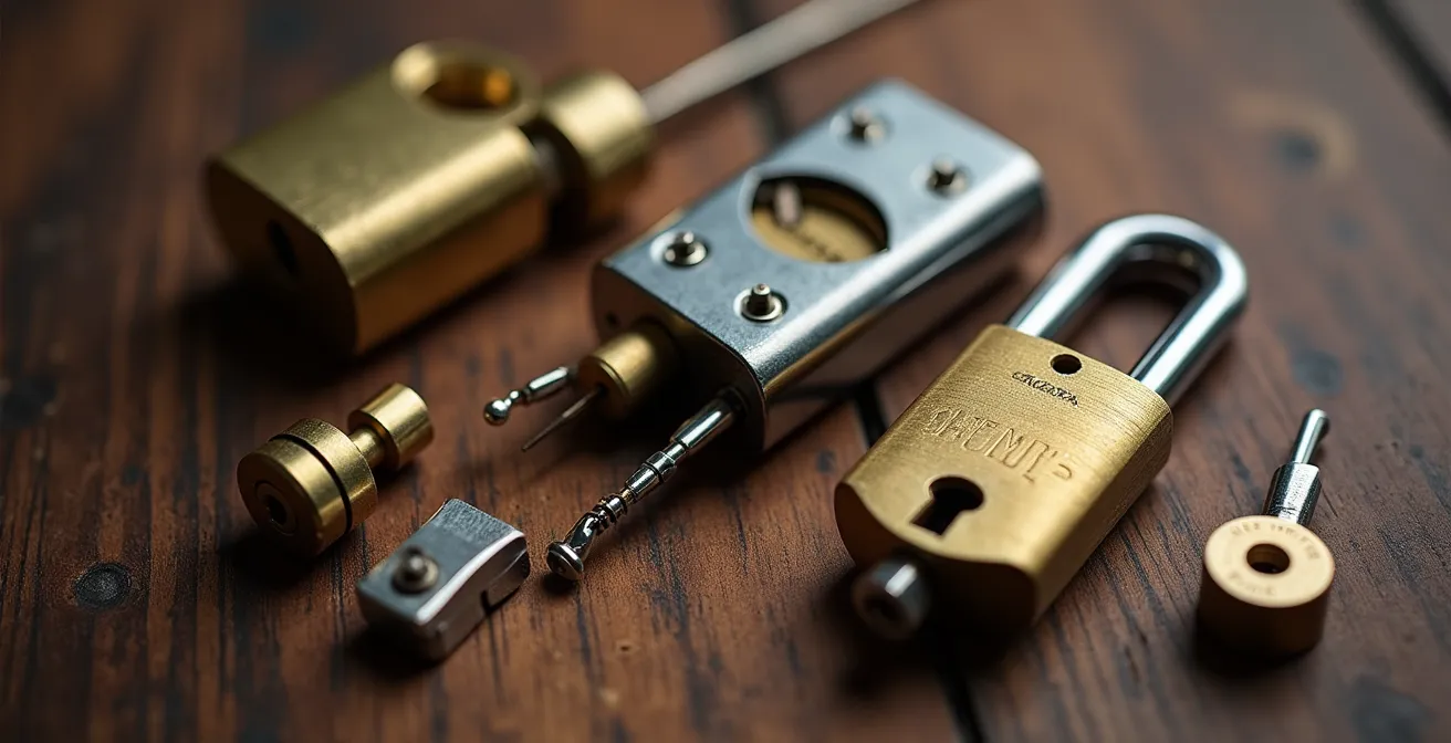 Gros plan macro sur différents mécanismes de serrures disposés sur une surface en bois, montrant les détails techniques sans texte visible