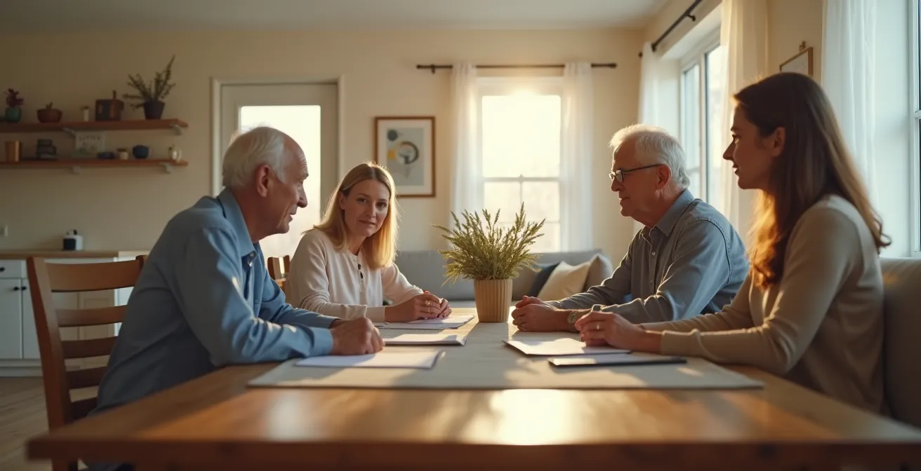 Scène chaleureuse montrant un moment d'échange entre générations autour d'une table familiale