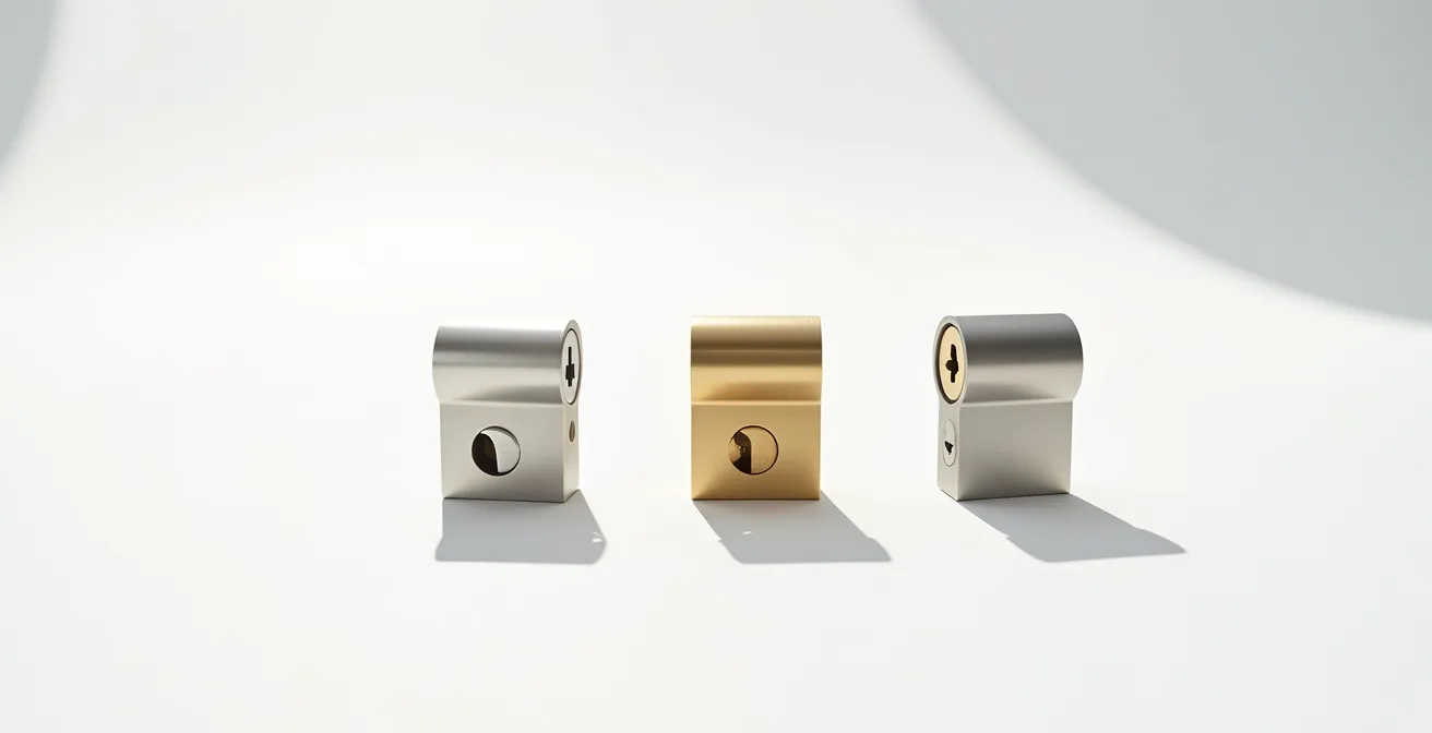 Composition minimaliste montrant trois cylindres de serrure de différentes gammes sur surface épurée