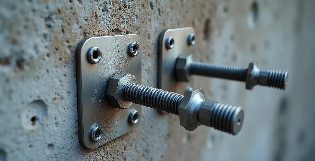 Vue macro du système de scellement chimique d'un coffre-fort dans un mur en béton avec chevilles d'ancrage