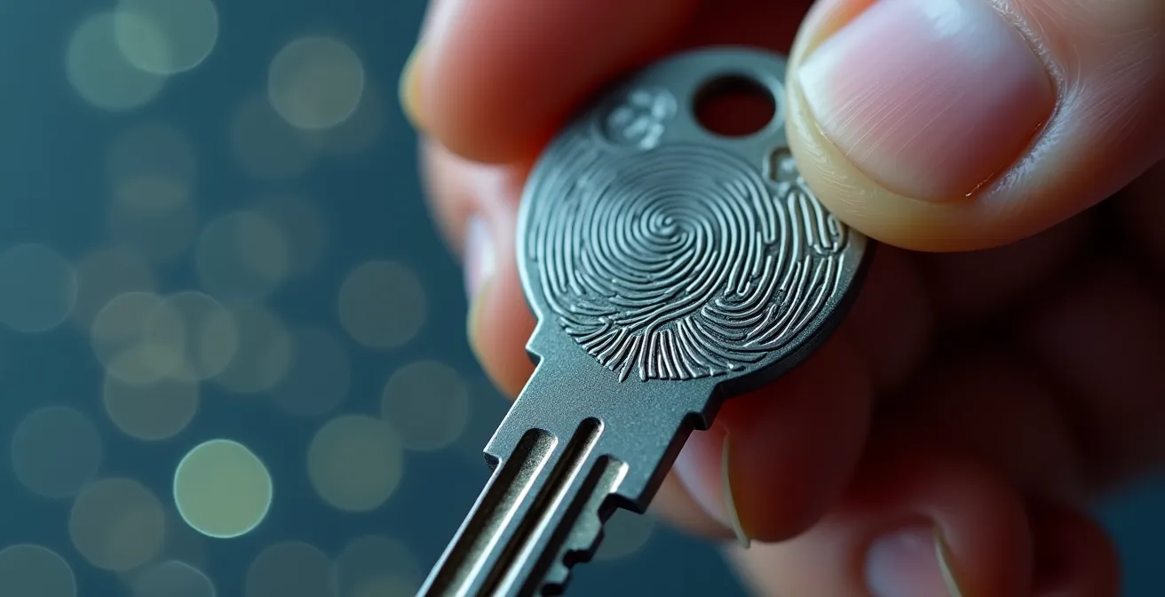 Vue macro d'une clé de sécurité physique et d'un scanner biométrique, symbolisant la double authentification pour un système domotique.