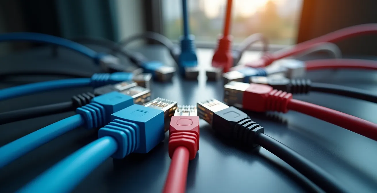 Configuration réseau segmentée avec VLAN dédié pour les objets de sécurité domestiques, montrant des câbles de couleurs différentes pour symboliser l'isolation.