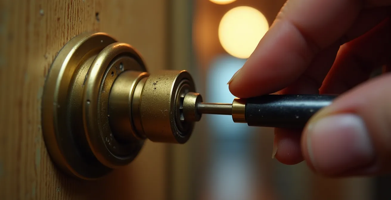 Gros plan sur une main inspectant minutieusement une serrure avec une loupe lors d'un état des lieux