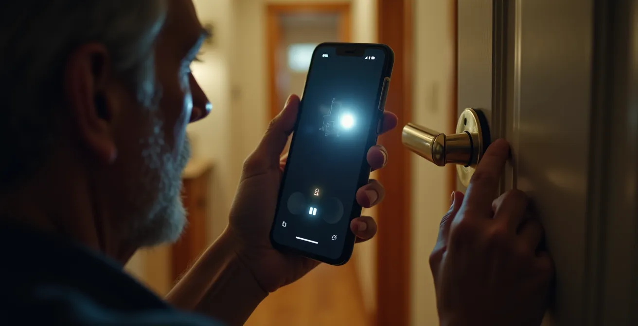 Main tenant un smartphone en mode lampe torche pour inspecter l'intérieur d'un cylindre de serrure