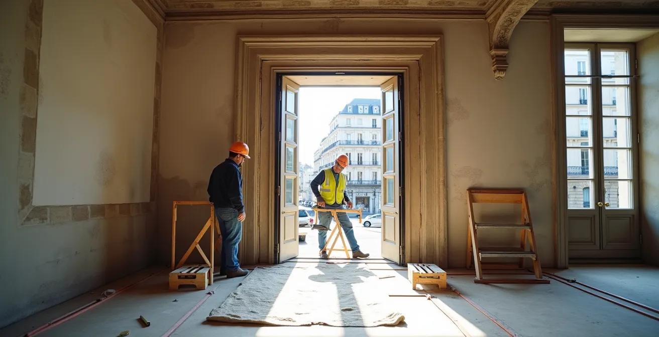 Installation d'un bloc-porte blindé BP3 dans un immeuble ancien parisien avec renforcement du bâti