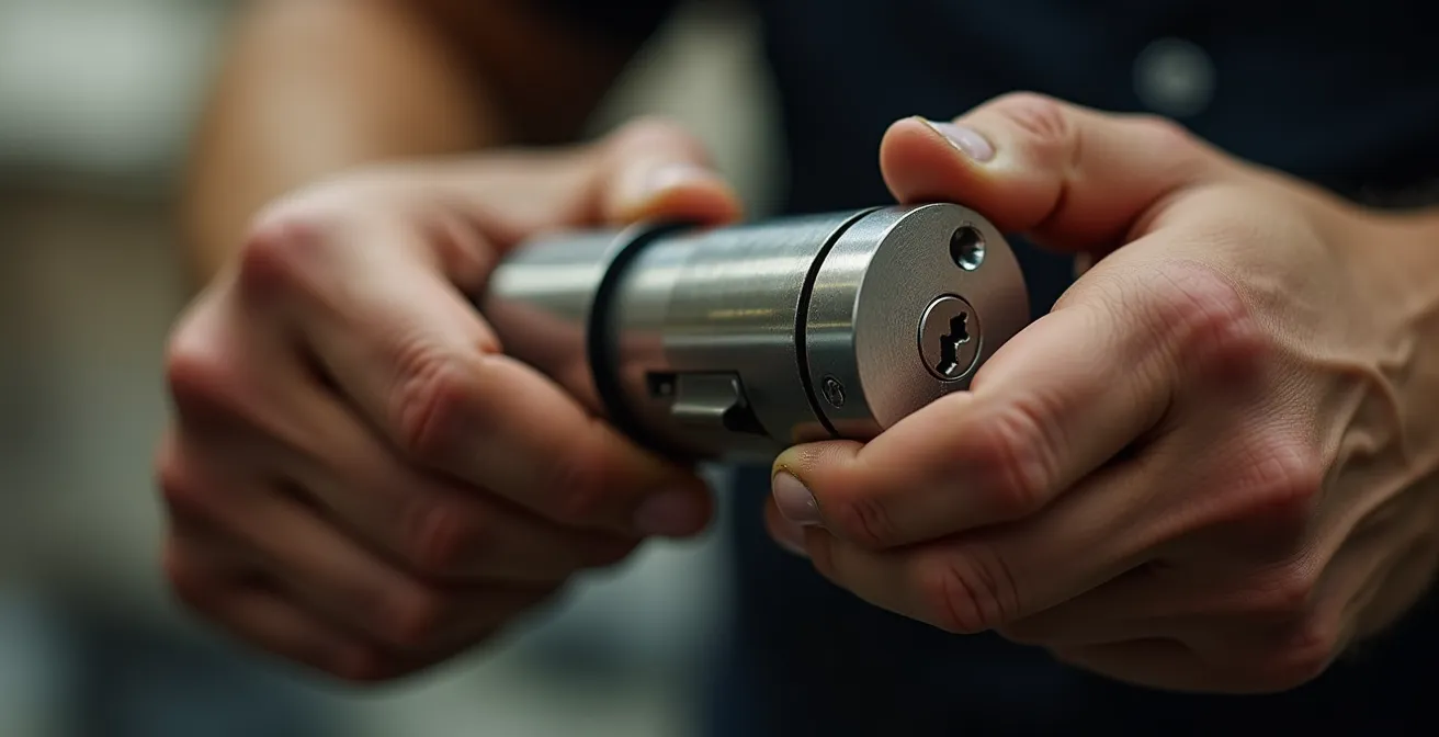 Gros plan macro sur les mains d'un artisan installant un cylindre de serrure haute sécurité