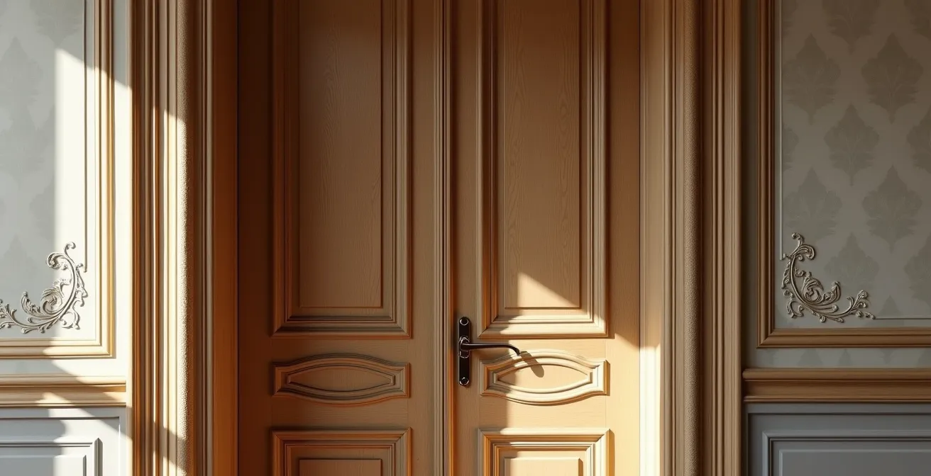 Installation d'une serrure multipoints sur une porte ancienne en bois avec moulures et détails architecturaux