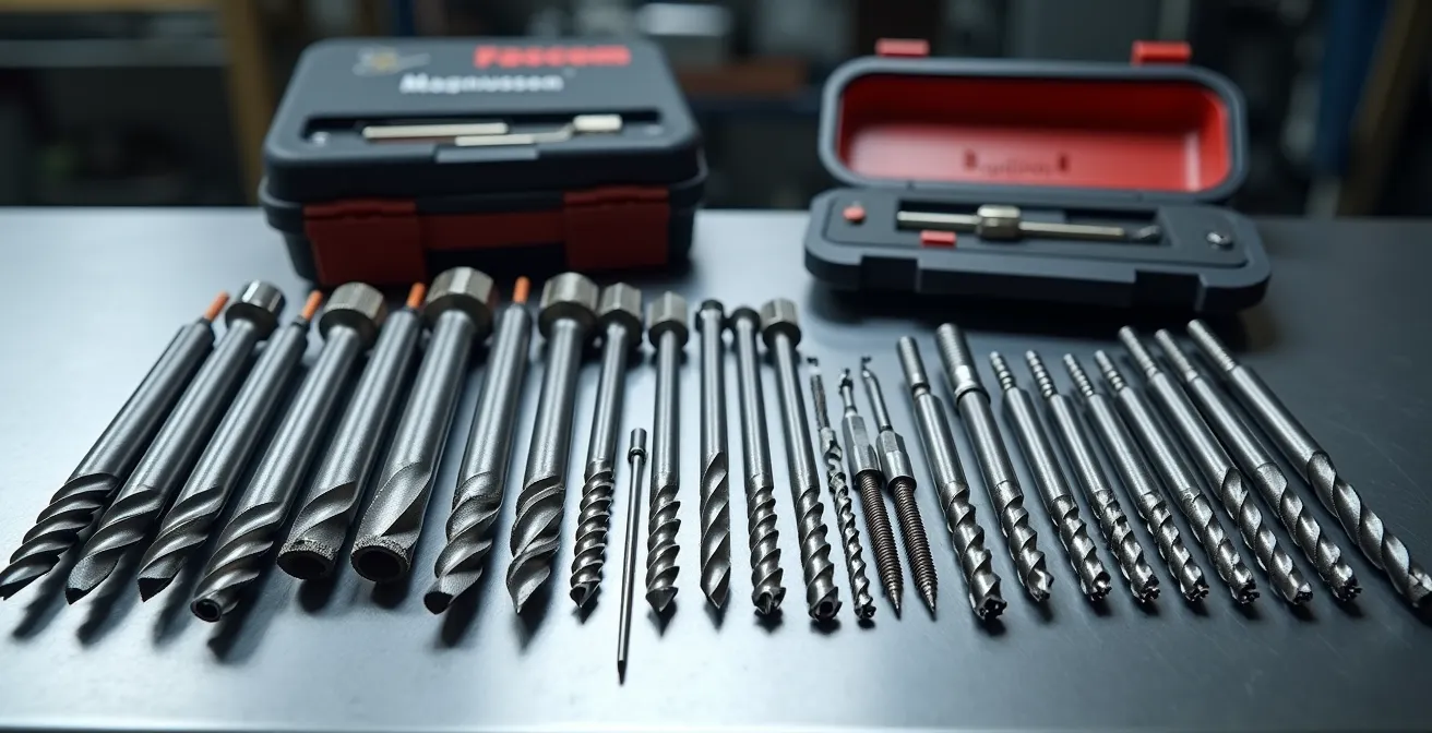 Kit d'extracteurs de vis avec différents types de cannelures sur établi