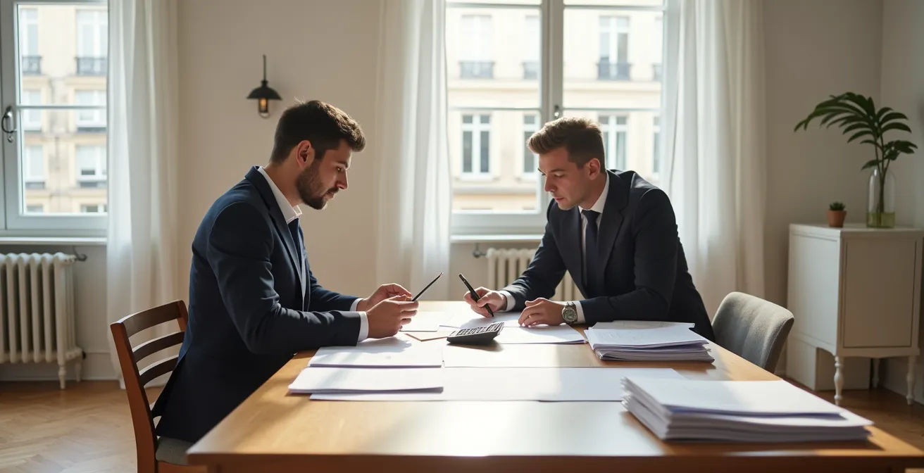 Deux personnes signant un document d'accord pour des travaux de serrurerie dans un salon lumineux