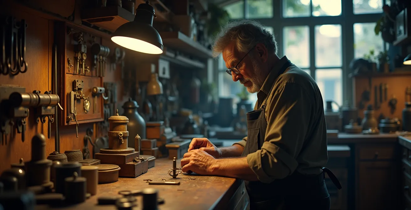 Maître artisan serrurier travaillant sur une serrure ancienne dans son atelier traditionnel