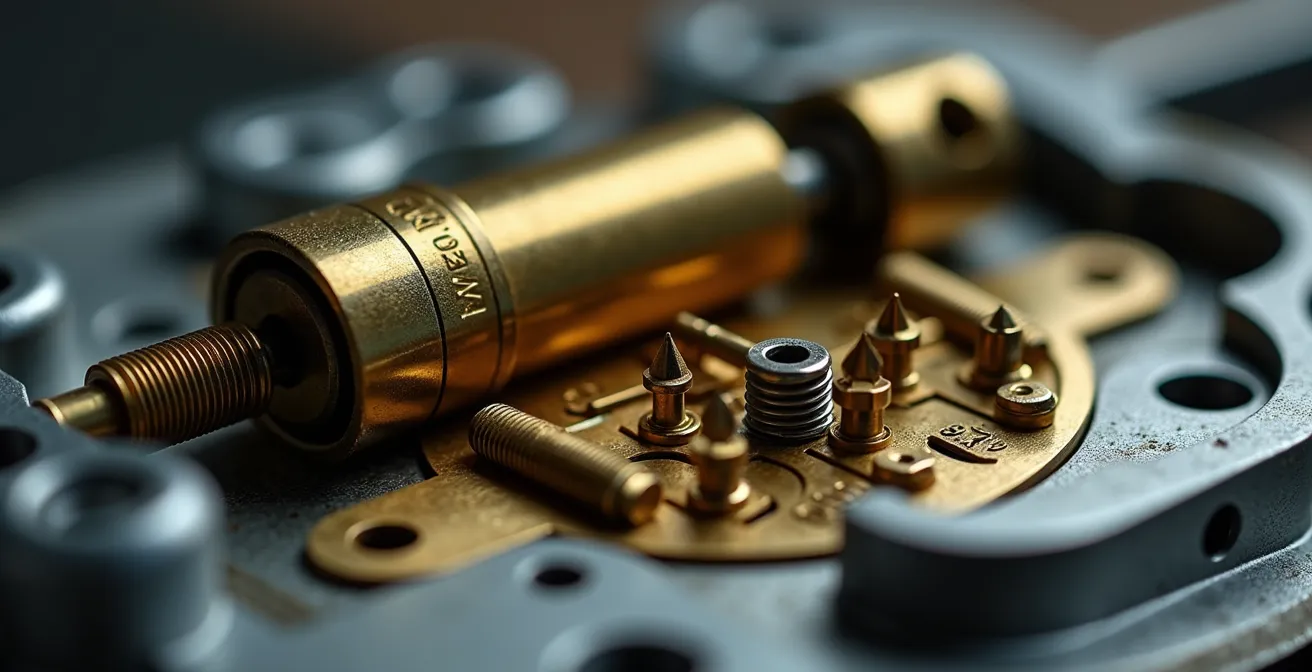 Vue macro détaillée de l'intérieur d'un cylindre de serrure montrant les goupilles et le mécanisme