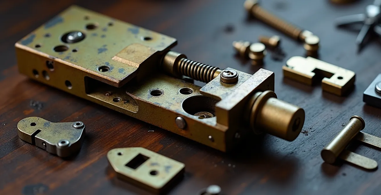 Vue macro du mécanisme interne d'une serrure à larder montrant les ressorts et pênes