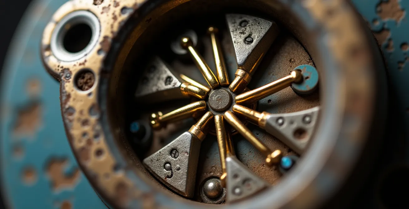 Vue macro détaillée du mécanisme interne d'une serrure à pompe avec goupilles de sécurité