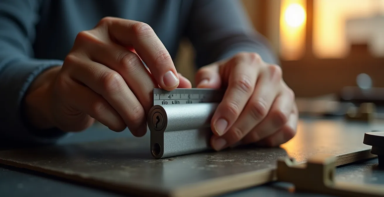 Mètre ruban mesurant un cylindre de serrure européen depuis le centre du panneton