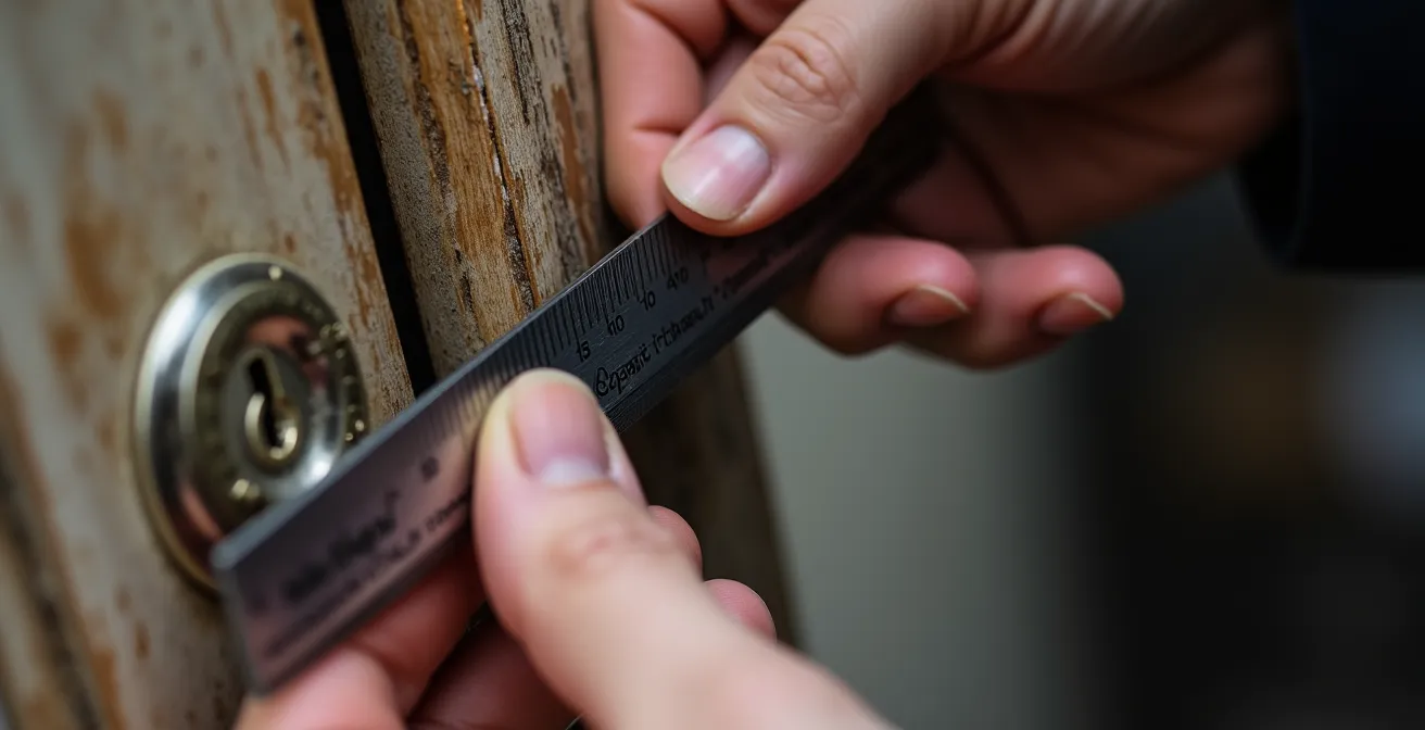 Mains mesurant avec précision les cotes d'une serrure encastrée sur une porte ancienne en bois