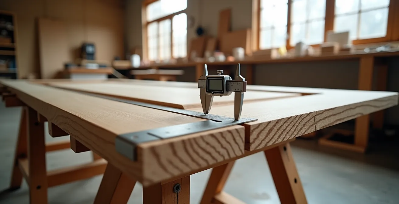 Mesure précise avec un pied à coulisse sur une porte à recouvrement en bois massif