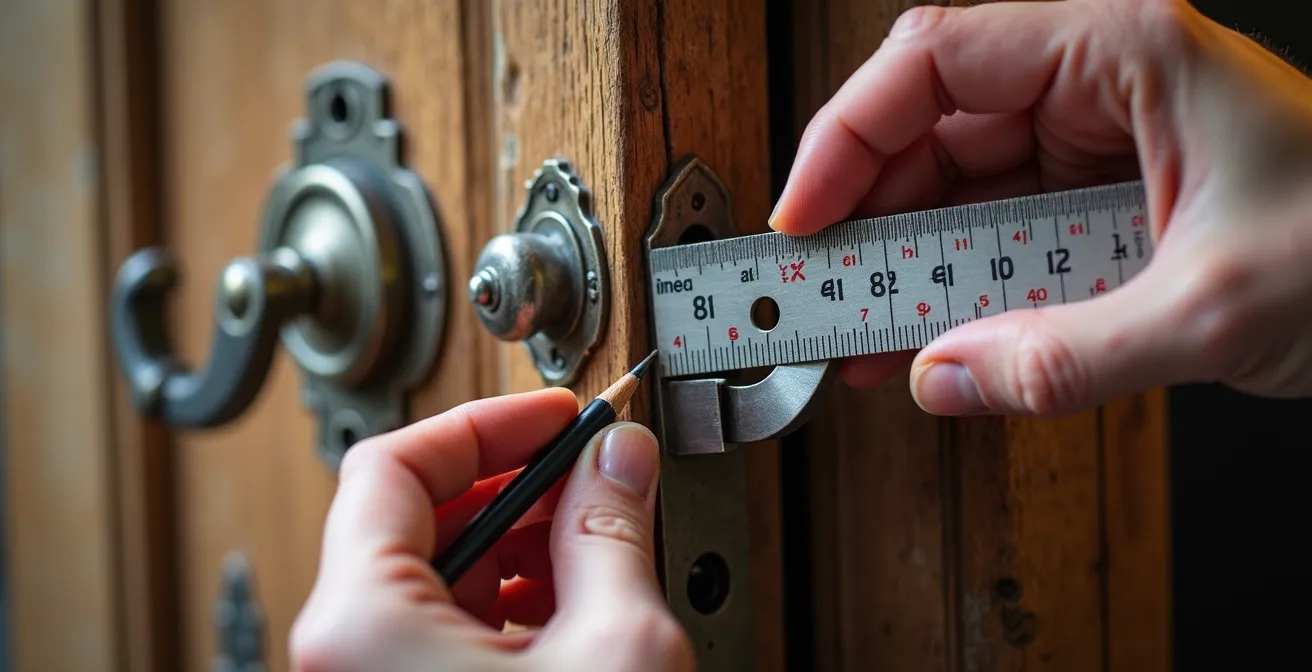 Gros plan sur la mesure au mètre d'une serrure encastrée dans une porte ancienne en chêne massif