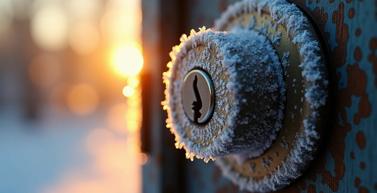 Gros plan macro sur une serrure gelée avec cristaux de glace étincelants sous lumière dorée