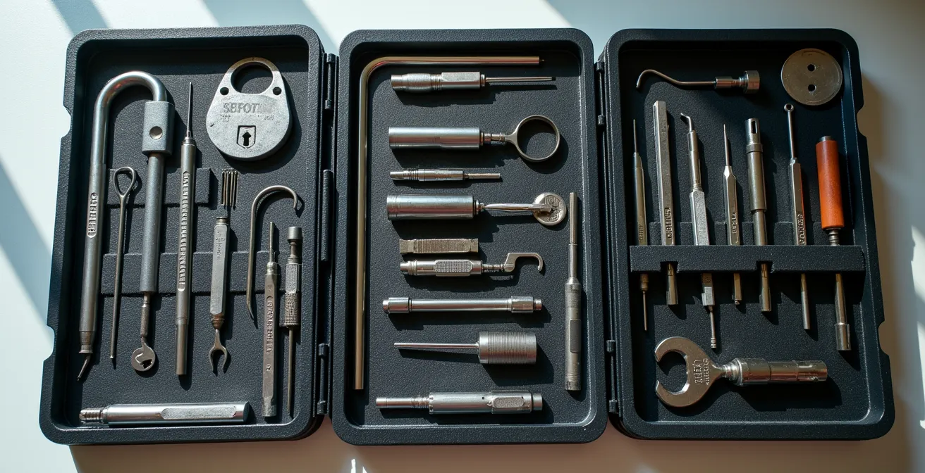 Mallette de serrurier professionnelle organisée avec compartiments pour outils spécialisés