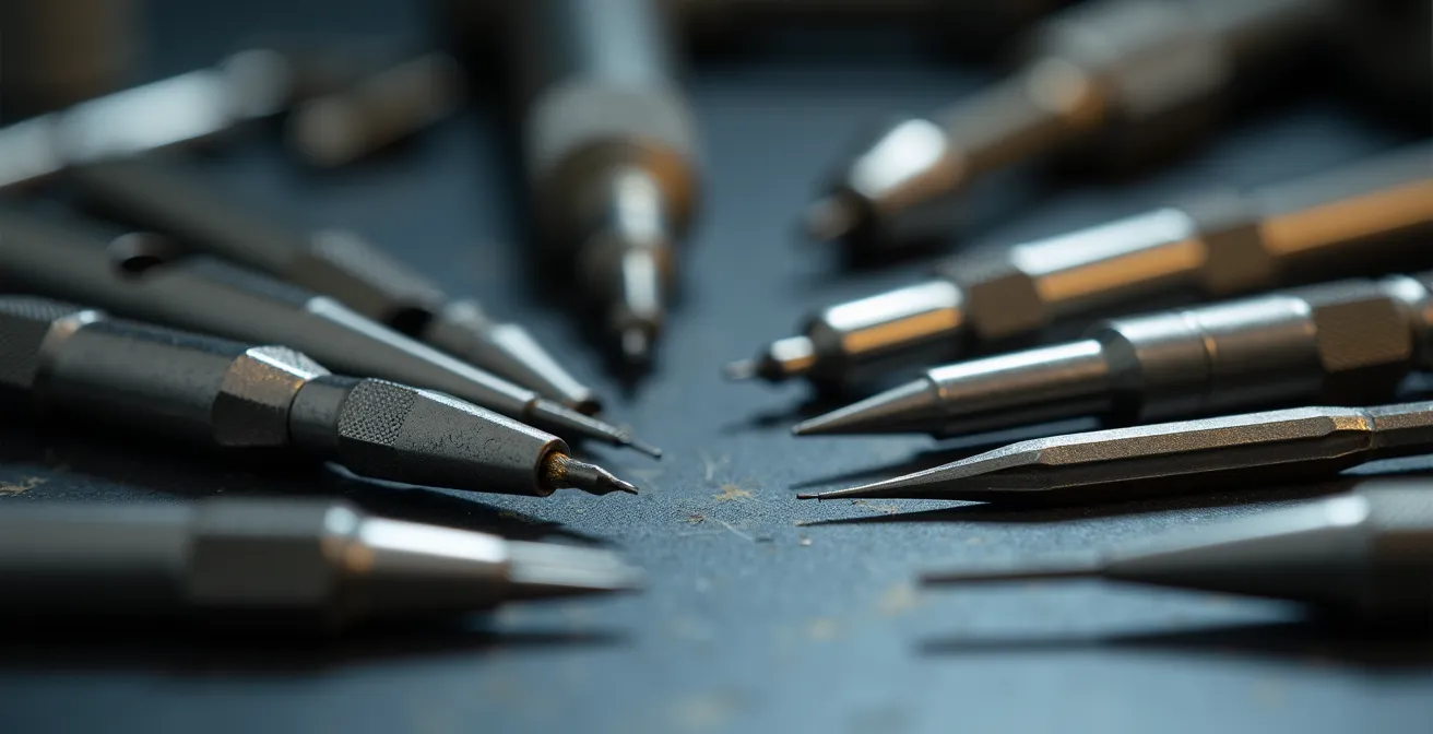 Ensemble d'outils professionnels de serrurerie haute précision disposés sur établi