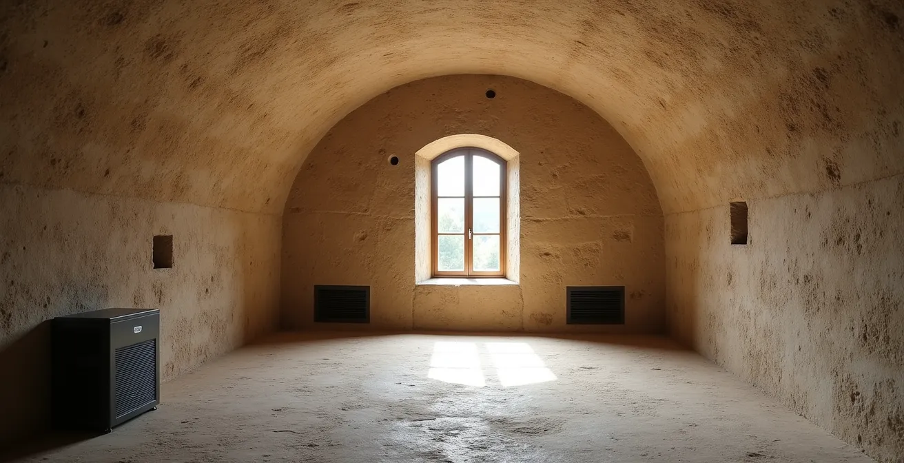 Cave ancienne en pierre avec système de ventilation moderne et déshumidificateur