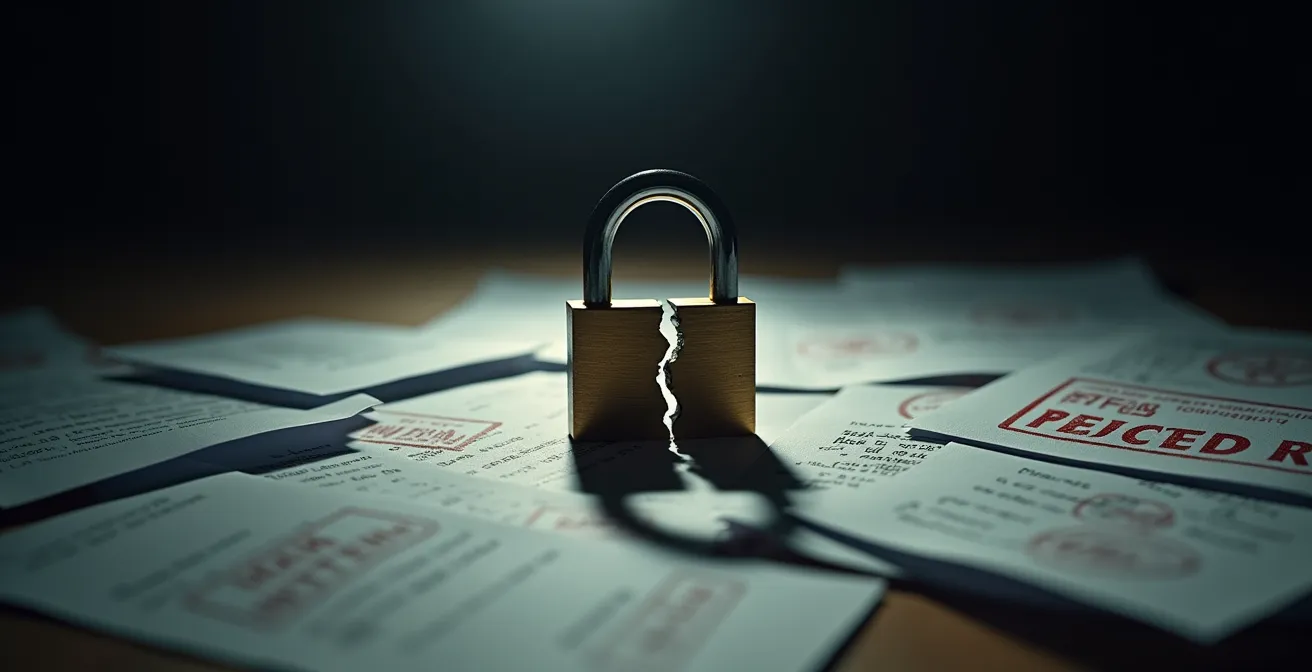 Scène symbolique montrant les conséquences du travail non déclaré avec documents d'assurance flous et serrure endommagée