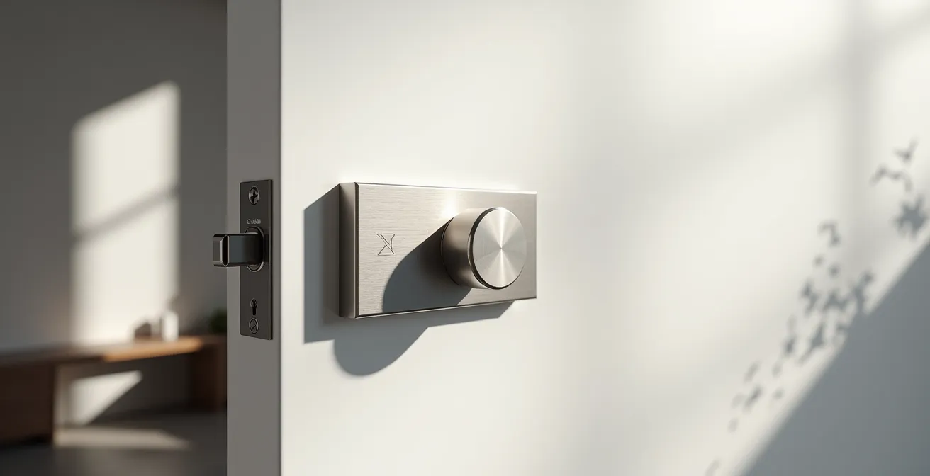 Serrure encastrée moderne sur porte contemporaine blanche avec poignée design minimaliste