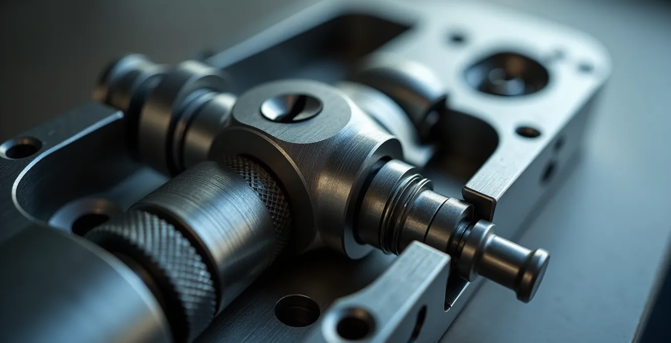 Détail macro d'un mécanisme de serrure multipoints haute sécurité avec traitement anti-corrosion