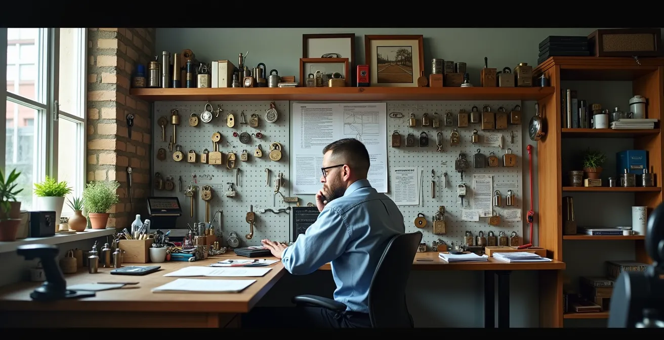Serrurier professionnel au téléphone effectuant un diagnostic avec carnet de notes et échantillons de serrures