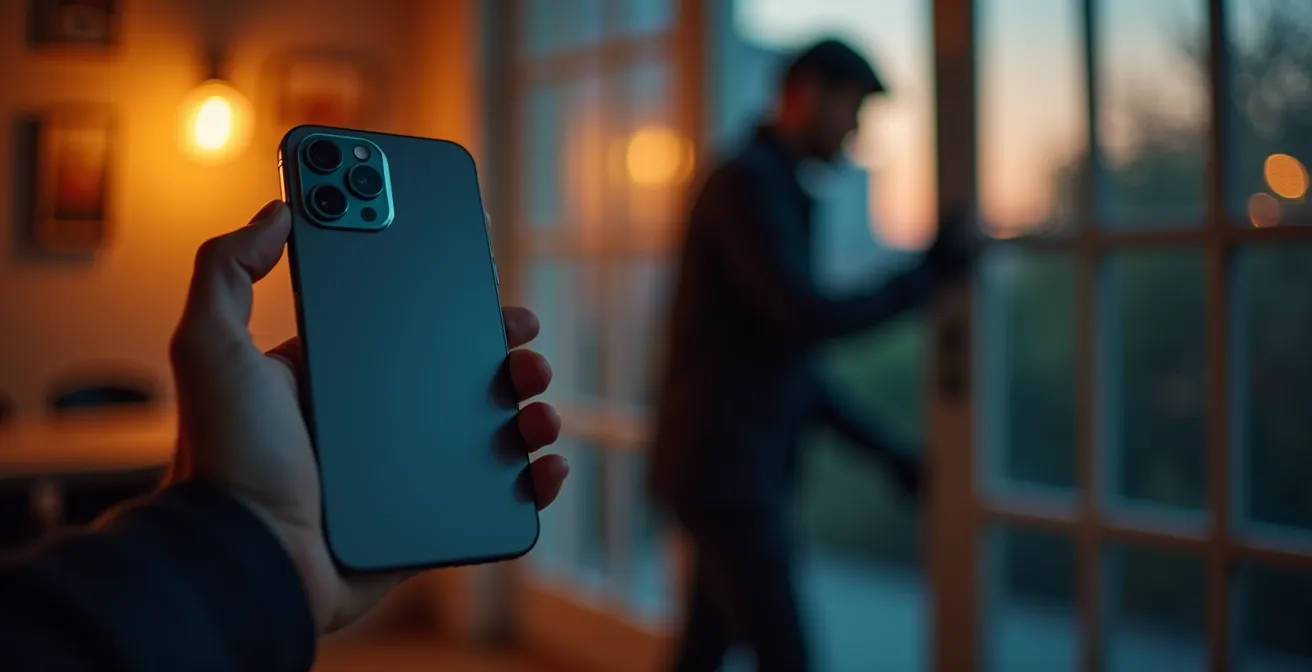 Main tenant un smartphone montrant l'heure pendant qu'un serrurier travaille en arrière-plan flou