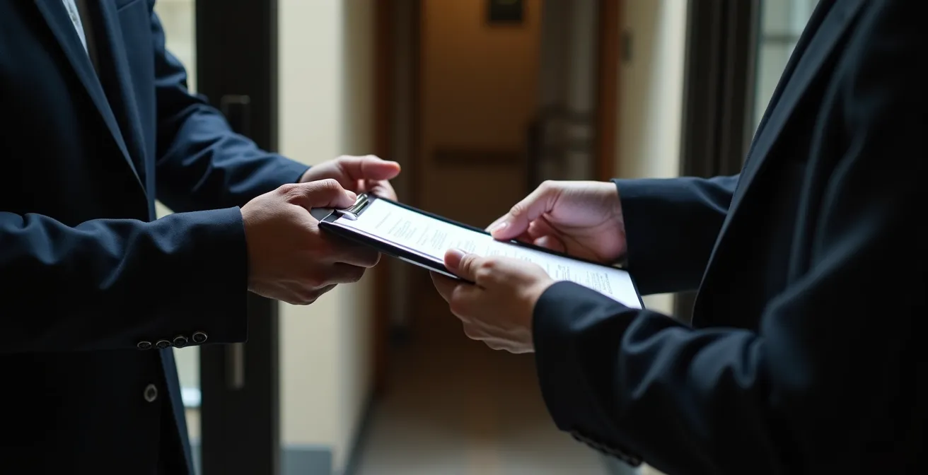 Serrurier professionnel présentant un devis détaillé à un client dans un hall d'immeuble