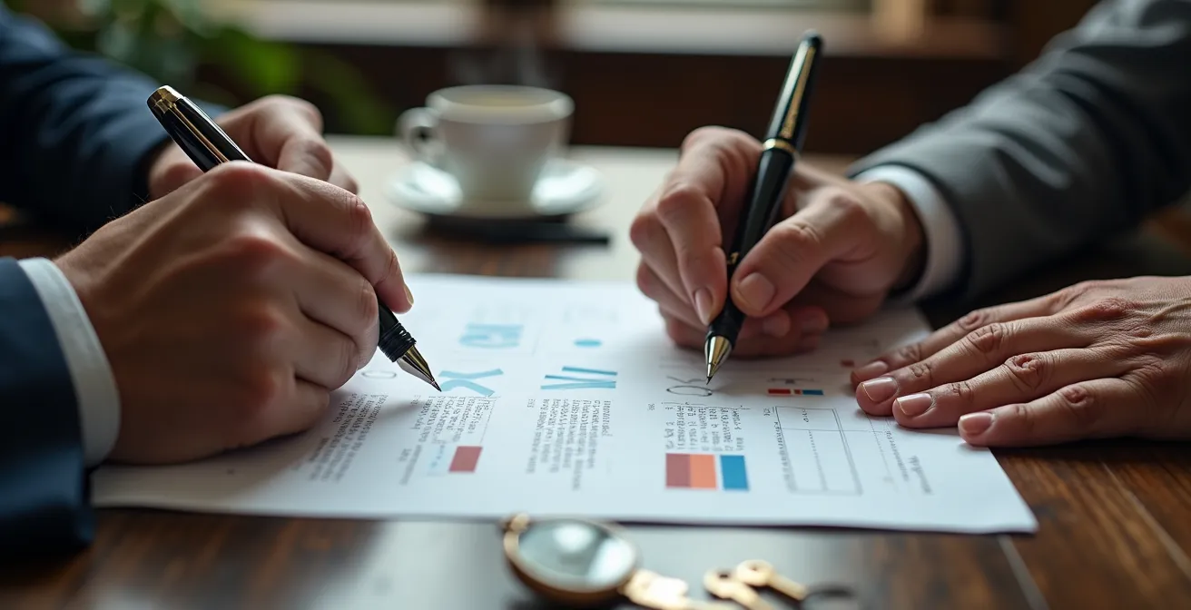 Moment de signature d'un devis avec mise en évidence de l'importance du détail contractuel
