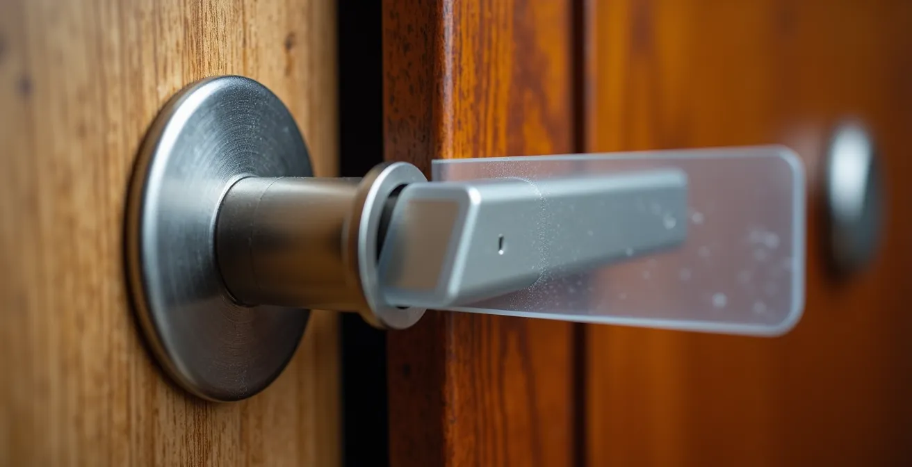 Vue macro détaillée d'une feuille de radio glissant entre une porte et son cadre métallique