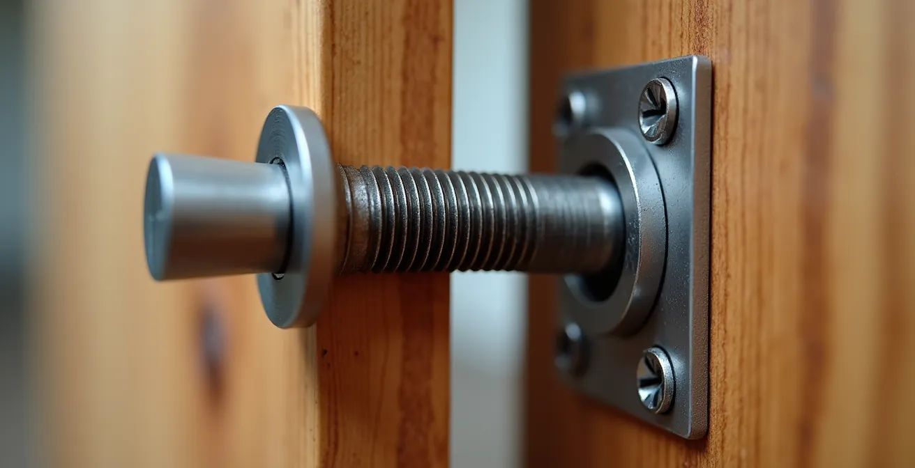 Vue macro détaillée du système de fixation par vis traversantes avec contre-plaque métallique sur porte fine