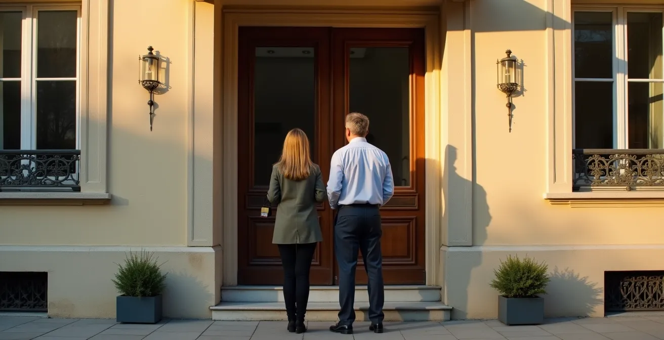 Discussion professionnelle entre un artisan et un client à l'entrée d'un immeuble français.
