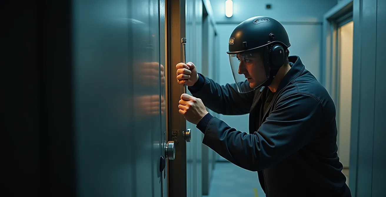 Simulation d'un test de résistance à l'effraction sur une porte blindée en conditions de laboratoire