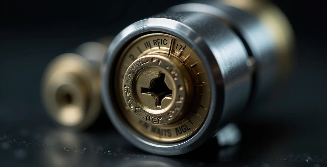 Gros plan macro sur mécanisme de cylindre de serrure haute sécurité avec goupilles anti-crochetage visibles