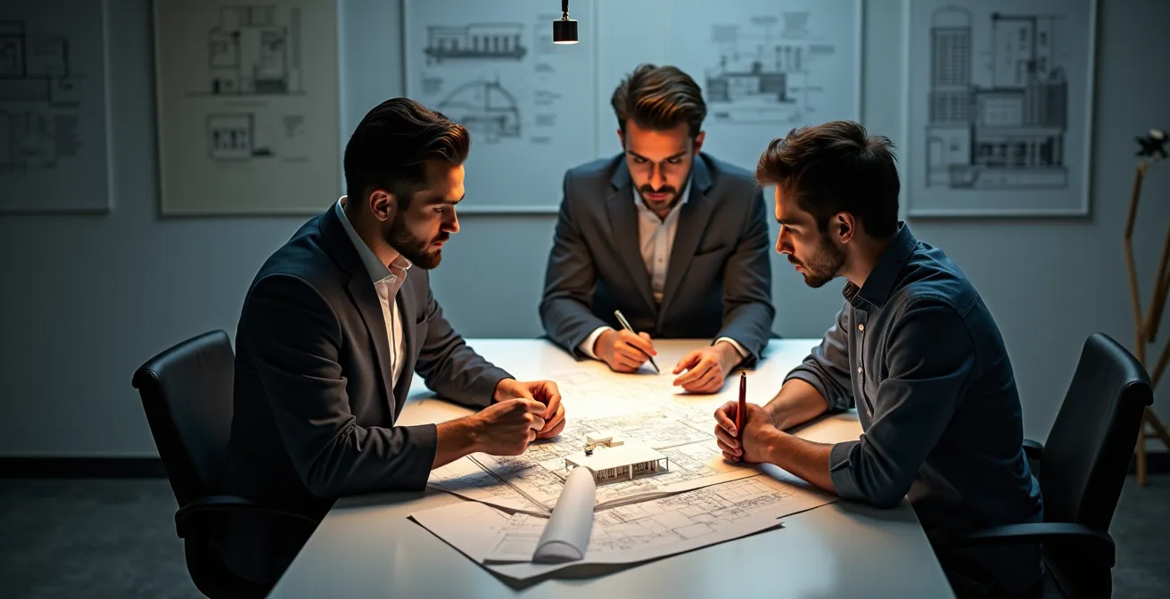 Schéma montrant la relation triangulaire entre maître d'œuvre, maître d'ouvrage et entreprises