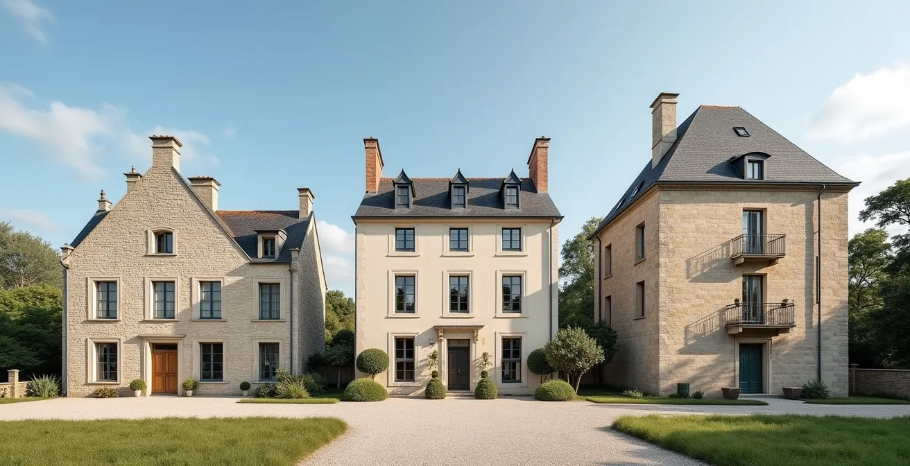 Trois types d'architectures régionales françaises côte à côte montrant différentes spécialisations