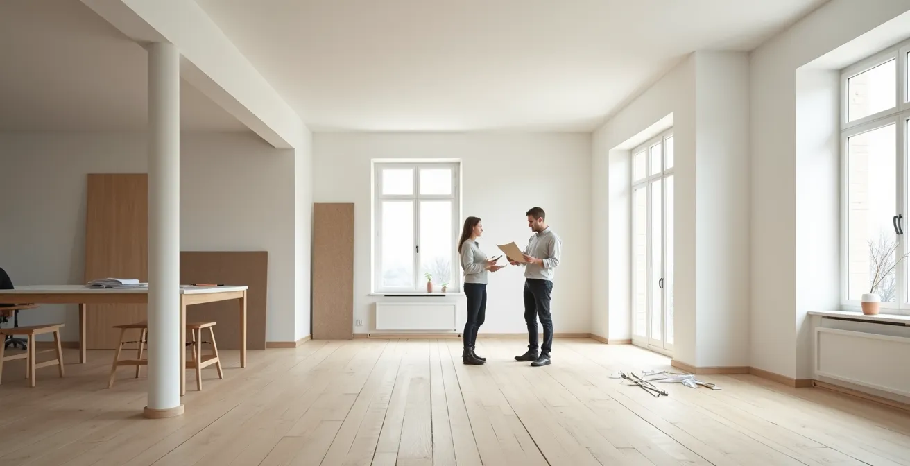 Artisan et client vérifiant ensemble les détails d'un devis sur site de rénovation