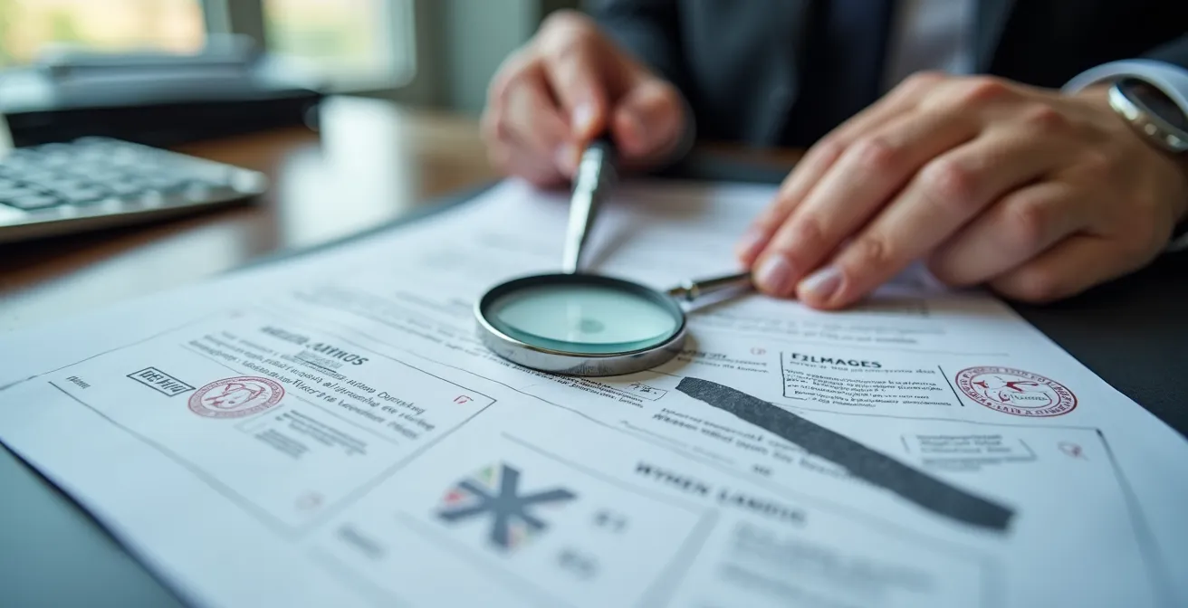 Gros plan sur des mains examinant une attestation d'assurance avec loupe sur bureau professionnel