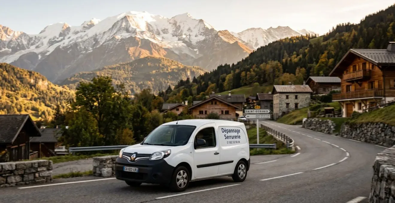 Véhicule utilitaire professionnel de dépannage serrurerie en déplacement sur une route de Haute-Savoie avec relief montagnard alpin en arrière-plan, lumière dorée de fin de journée